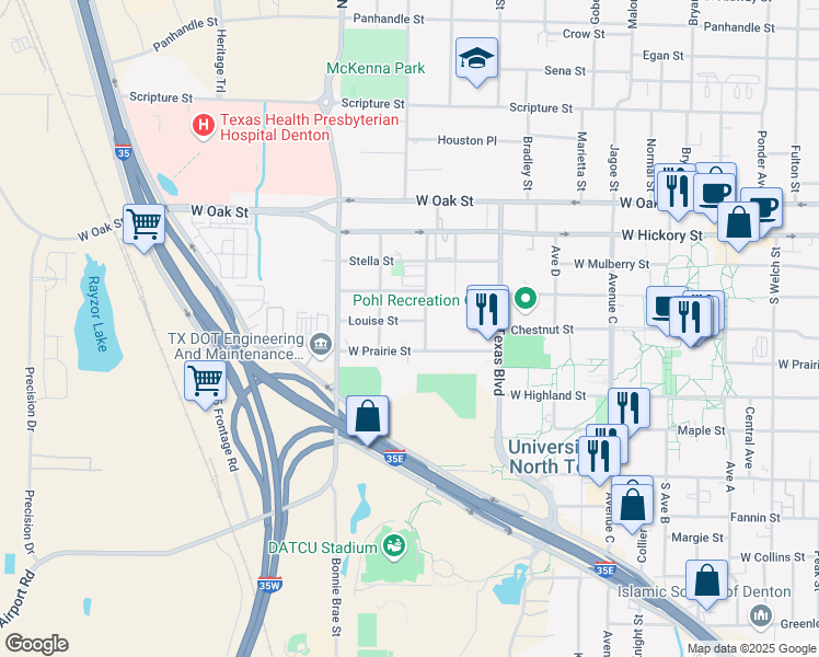 map of restaurants, bars, coffee shops, grocery stores, and more near 2417 Louise Street in Denton