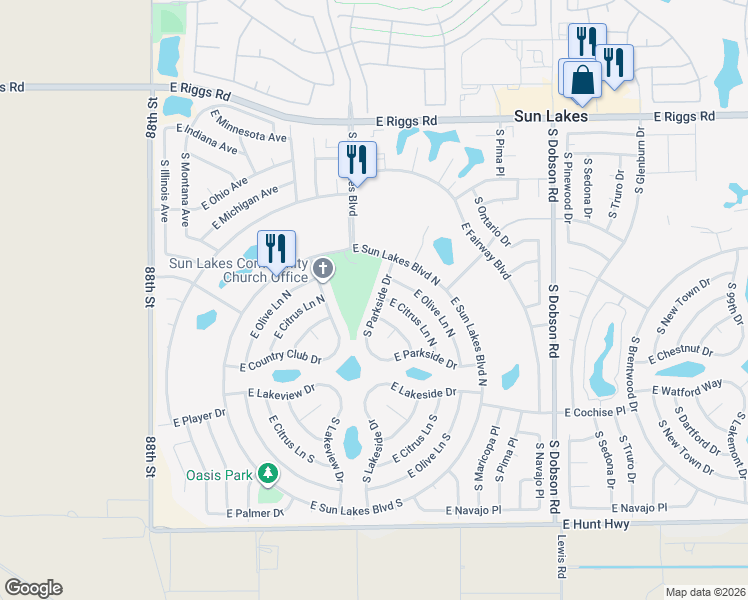 map of restaurants, bars, coffee shops, grocery stores, and more near 25832 South Parkside Drive in Sun Lakes