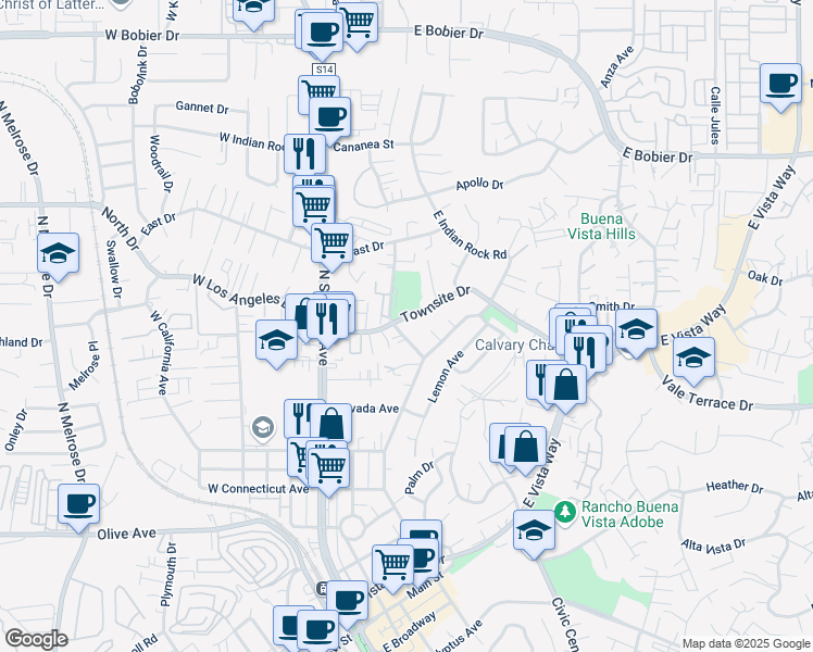 map of restaurants, bars, coffee shops, grocery stores, and more near 309 Townsite Drive in Vista