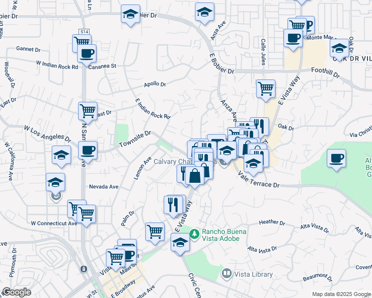 map of restaurants, bars, coffee shops, grocery stores, and more near 828 Newport Drive in Vista