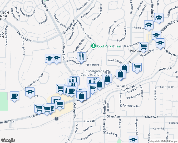 map of restaurants, bars, coffee shops, grocery stores, and more near 1902 Arroyo Avenue in Oceanside