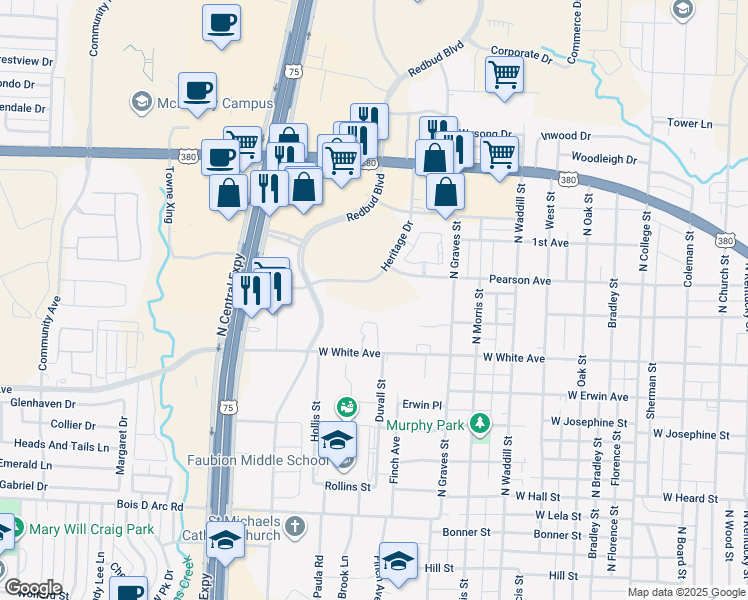 map of restaurants, bars, coffee shops, grocery stores, and more near 1400-1598 Heritage Drive in McKinney