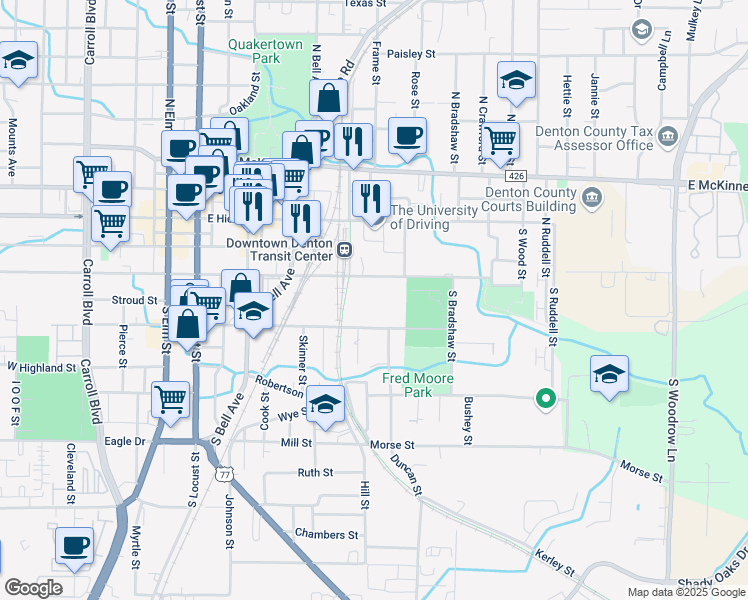 map of restaurants, bars, coffee shops, grocery stores, and more near 618 East Sycamore Street in Denton
