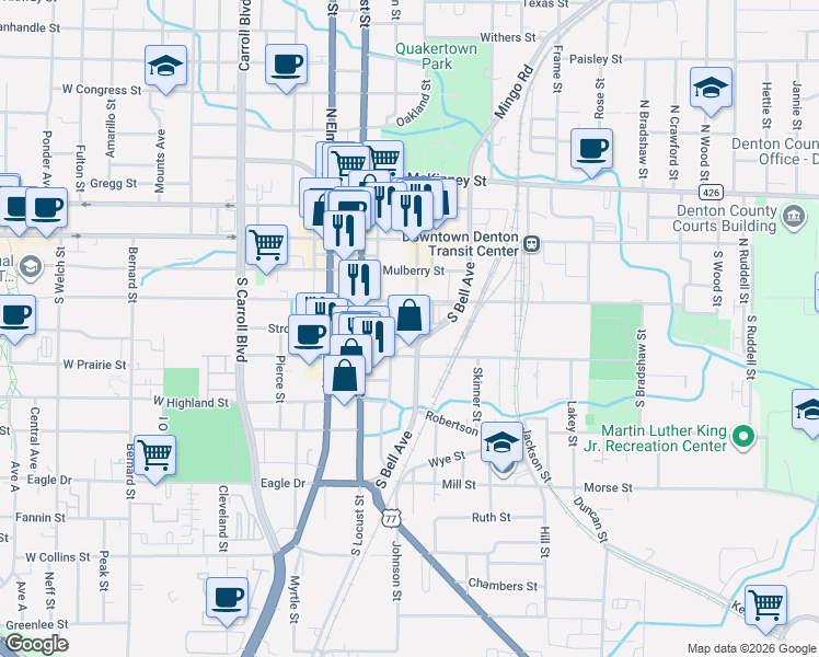 map of restaurants, bars, coffee shops, grocery stores, and more near 404 Industrial Street in Denton