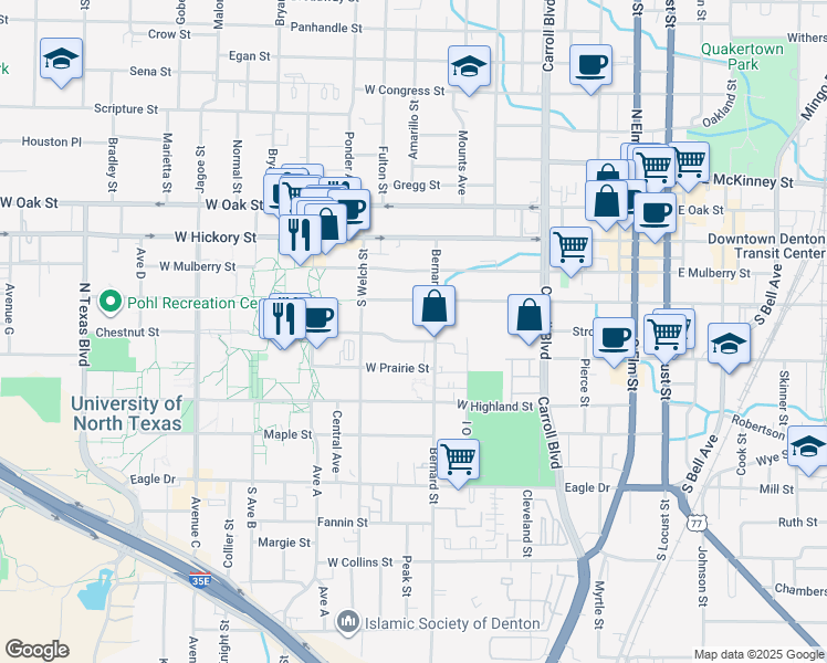 map of restaurants, bars, coffee shops, grocery stores, and more near 1000 West Chestnut Street in Denton