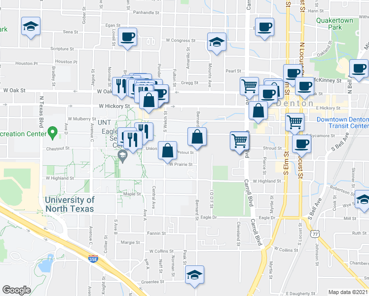 map of restaurants, bars, coffee shops, grocery stores, and more near 1000 West Chestnut Street in Denton