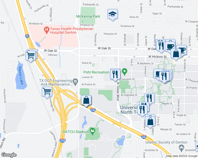 map of restaurants, bars, coffee shops, grocery stores, and more near 317 Avenue G in Denton