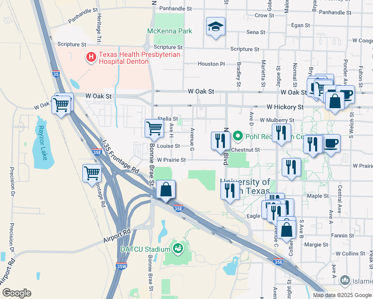 map of restaurants, bars, coffee shops, grocery stores, and more near 317 Avenue G in Denton