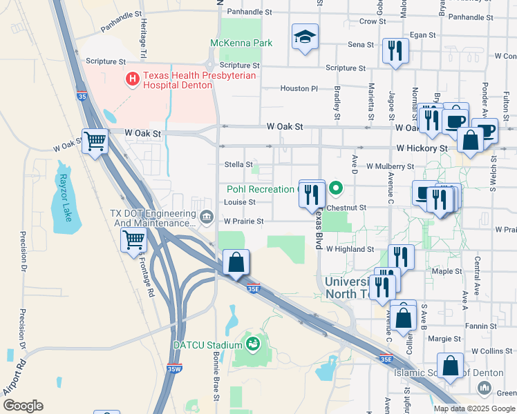 map of restaurants, bars, coffee shops, grocery stores, and more near 2425 Louise Street in Denton