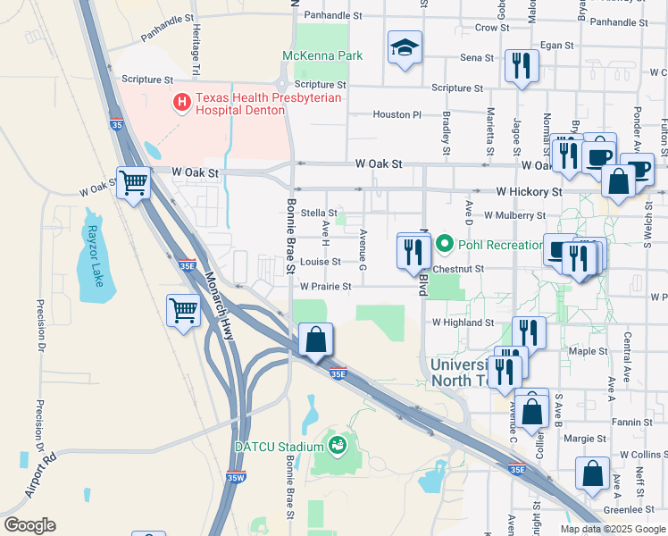 map of restaurants, bars, coffee shops, grocery stores, and more near 2425 Louise Street in Denton