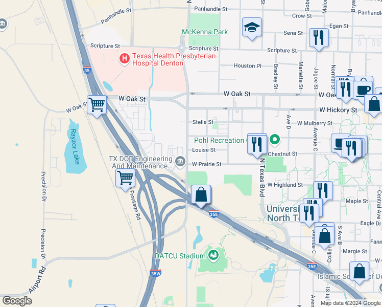 map of restaurants, bars, coffee shops, grocery stores, and more near 2516 Louise Street in Denton