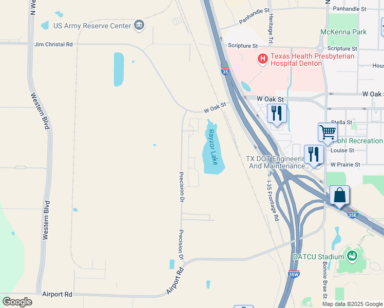 map of restaurants, bars, coffee shops, grocery stores, and more near 954 Precision Drive in Denton