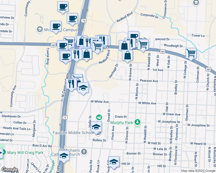 map of restaurants, bars, coffee shops, grocery stores, and more near 1570 Heritage Drive in McKinney