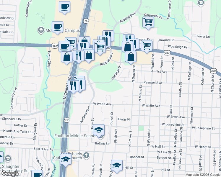 map of restaurants, bars, coffee shops, grocery stores, and more near 1400-1598 Heritage Drive in McKinney