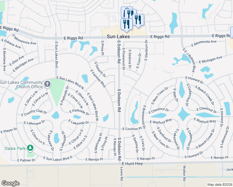 map of restaurants, bars, coffee shops, grocery stores, and more near 25833 South Ontario Drive in Sun Lakes