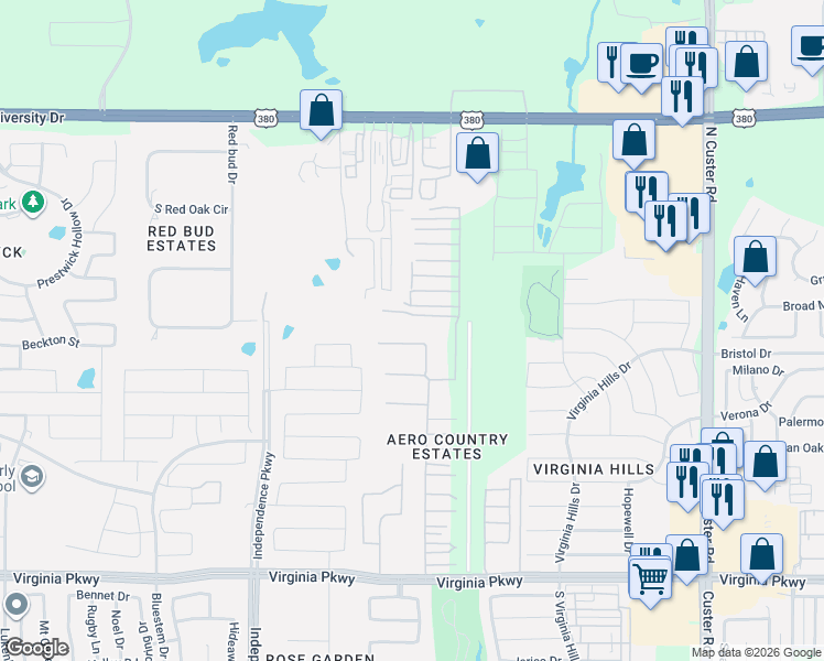 map of restaurants, bars, coffee shops, grocery stores, and more near 10110 General Bond Court in McKinney