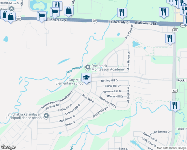 map of restaurants, bars, coffee shops, grocery stores, and more near 270 Buck Ridge Drive in Little Elm