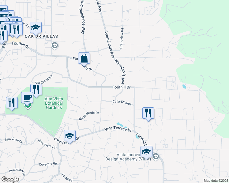 map of restaurants, bars, coffee shops, grocery stores, and more near 1911 Foothill Drive in Vista