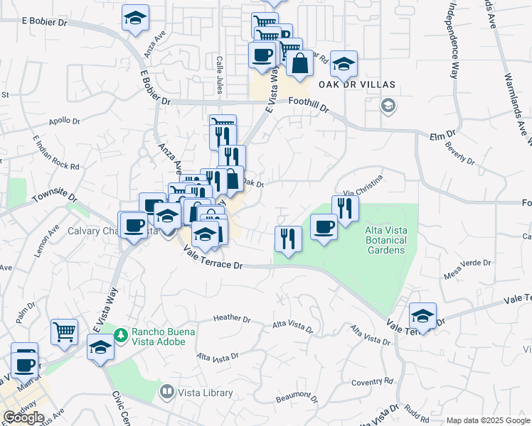 map of restaurants, bars, coffee shops, grocery stores, and more near 900 Donnan Place in Vista