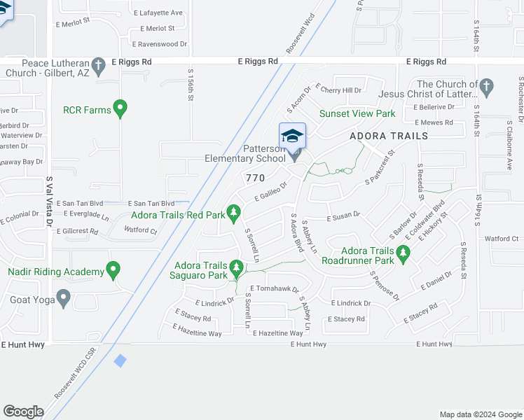 map of restaurants, bars, coffee shops, grocery stores, and more near 2186 East Everglade Lane in Gilbert