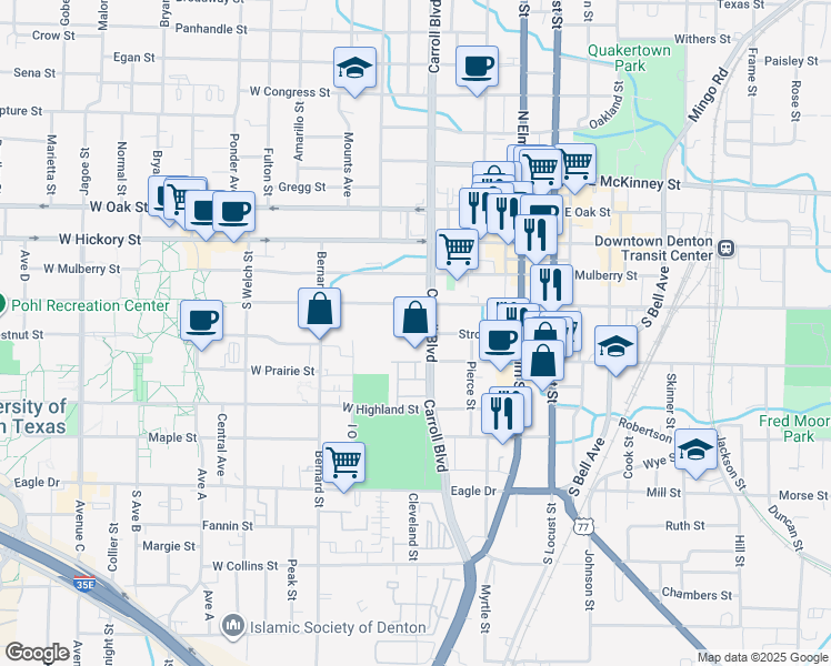 map of restaurants, bars, coffee shops, grocery stores, and more near 416 South Carroll Boulevard in Denton