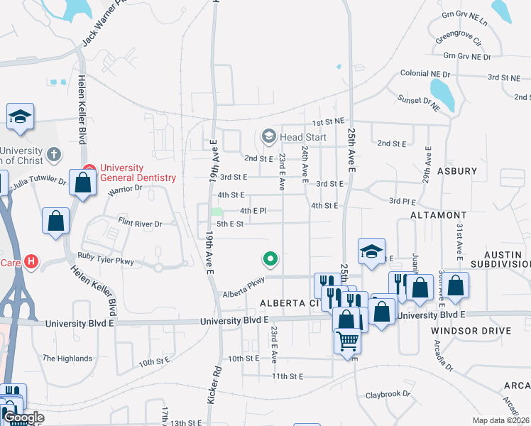 map of restaurants, bars, coffee shops, grocery stores, and more near 2115 4th Pl E in Tuscaloosa