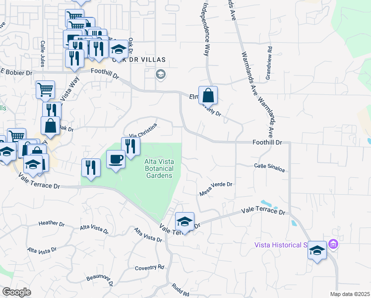 map of restaurants, bars, coffee shops, grocery stores, and more near 1615 Foothill Drive in Vista