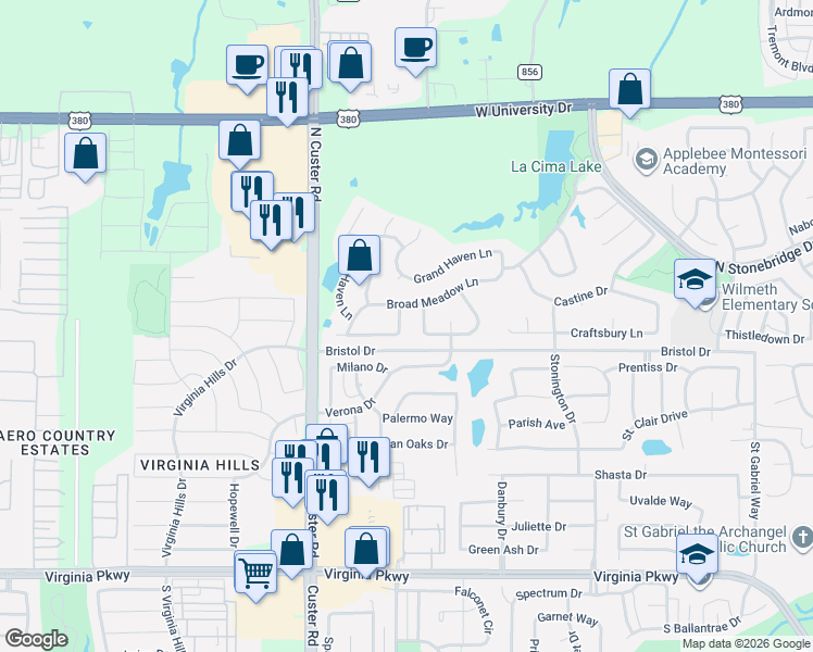 map of restaurants, bars, coffee shops, grocery stores, and more near 1000 Dultons Meadow Lane in McKinney