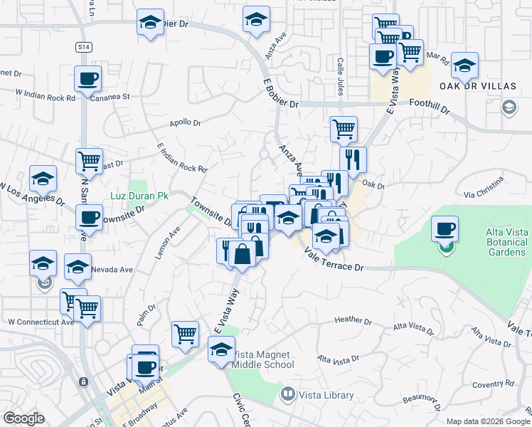 map of restaurants, bars, coffee shops, grocery stores, and more near 866 Newport Drive in Vista