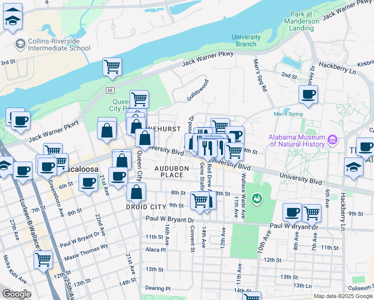 map of restaurants, bars, coffee shops, grocery stores, and more near 1418 University Boulevard in Tuscaloosa