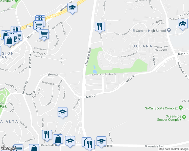 map of restaurants, bars, coffee shops, grocery stores, and more near 3567 Buffum Drive in Oceanside