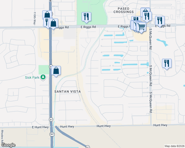 map of restaurants, bars, coffee shops, grocery stores, and more near 11606 East Santan Court in Chandler