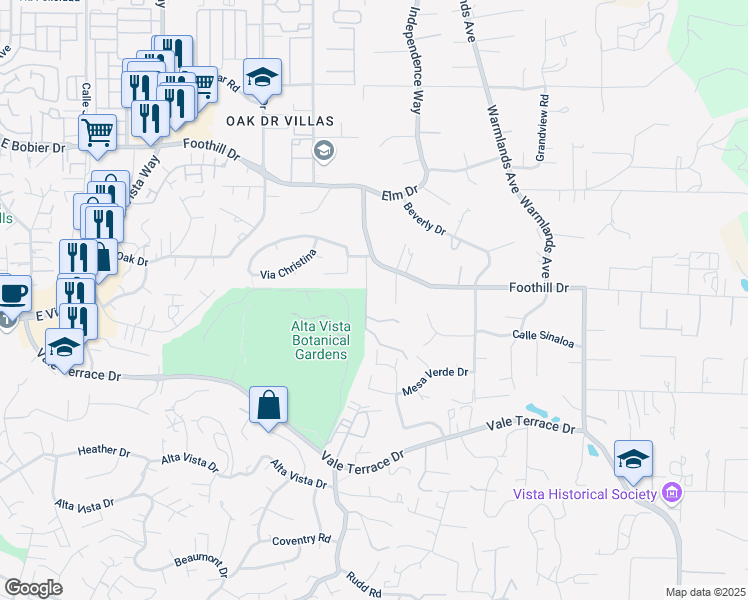 map of restaurants, bars, coffee shops, grocery stores, and more near 1615 Foothill Drive in Vista