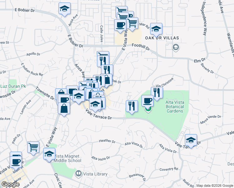 map of restaurants, bars, coffee shops, grocery stores, and more near 1021 Glenmere Road in Vista