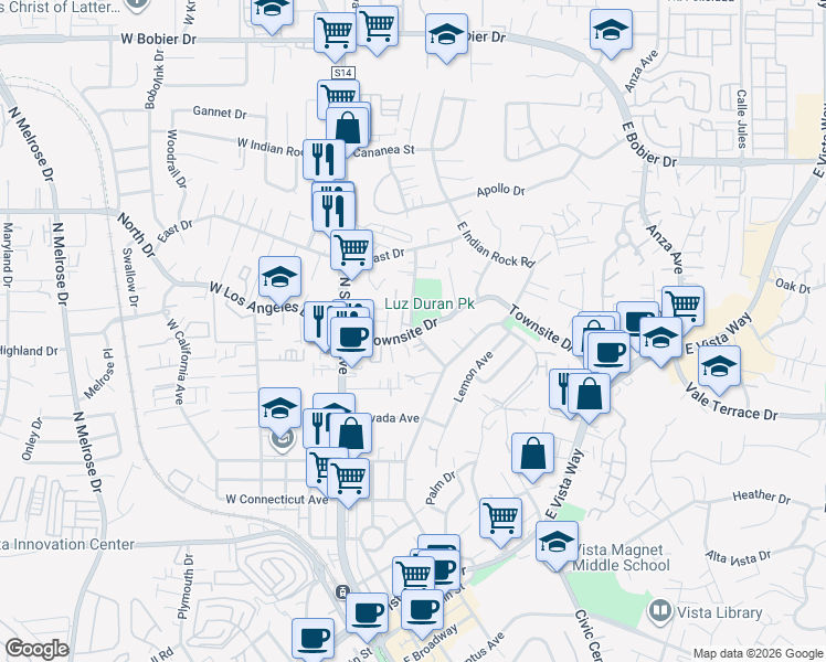 map of restaurants, bars, coffee shops, grocery stores, and more near 309 Townsite Drive in Vista
