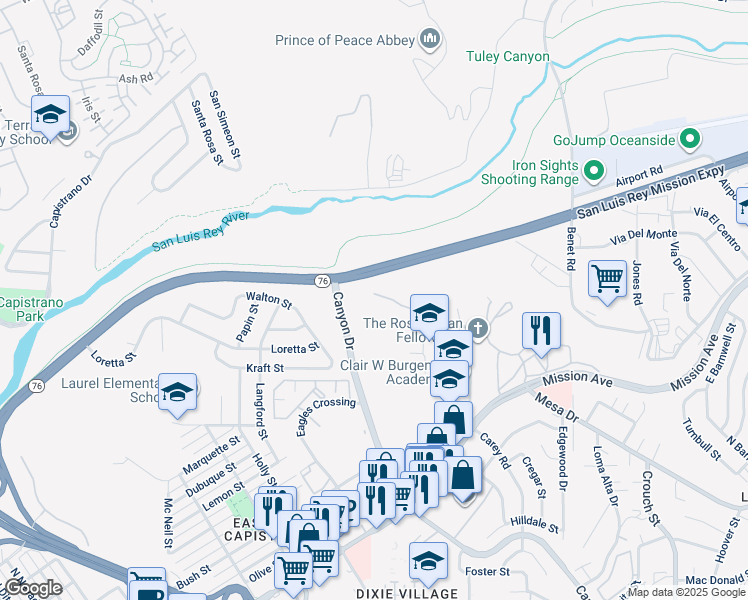 map of restaurants, bars, coffee shops, grocery stores, and more near 2055 Poplar Road in Oceanside