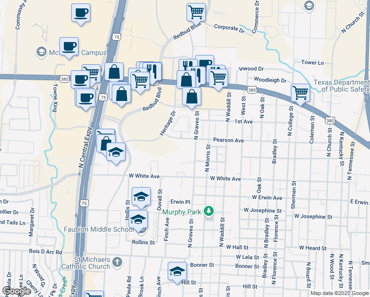 map of restaurants, bars, coffee shops, grocery stores, and more near 1801 Pearson Avenue in McKinney