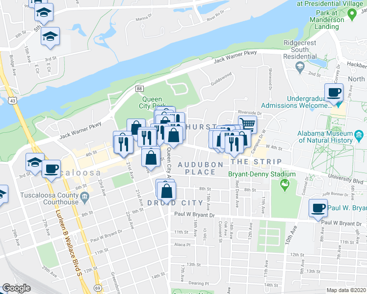 map of restaurants, bars, coffee shops, grocery stores, and more near 1703 University Boulevard in Tuscaloosa