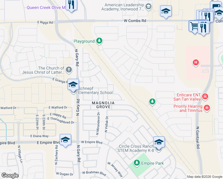 map of restaurants, bars, coffee shops, grocery stores, and more near North Charbray Drive in San Tan Valley