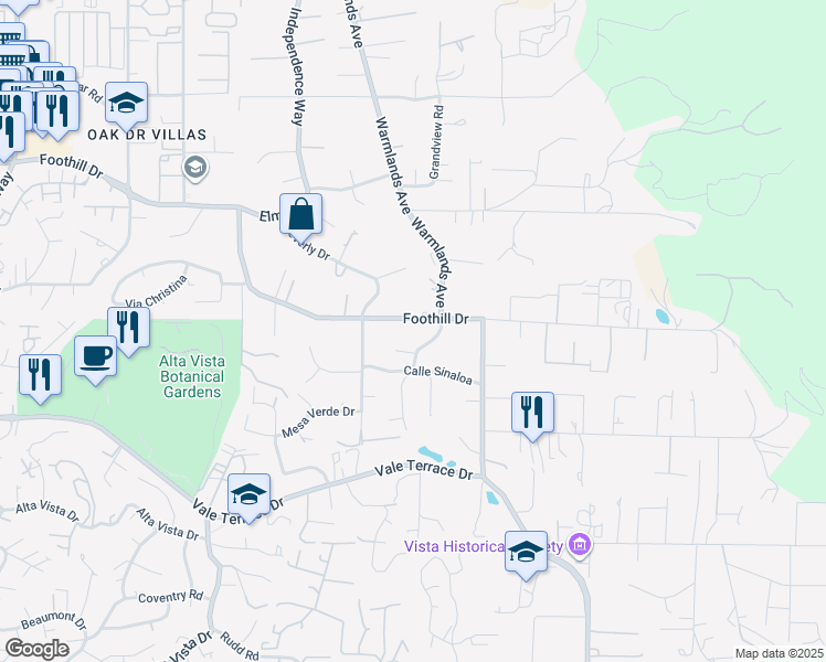 map of restaurants, bars, coffee shops, grocery stores, and more near 1911 Foothill Drive in Vista