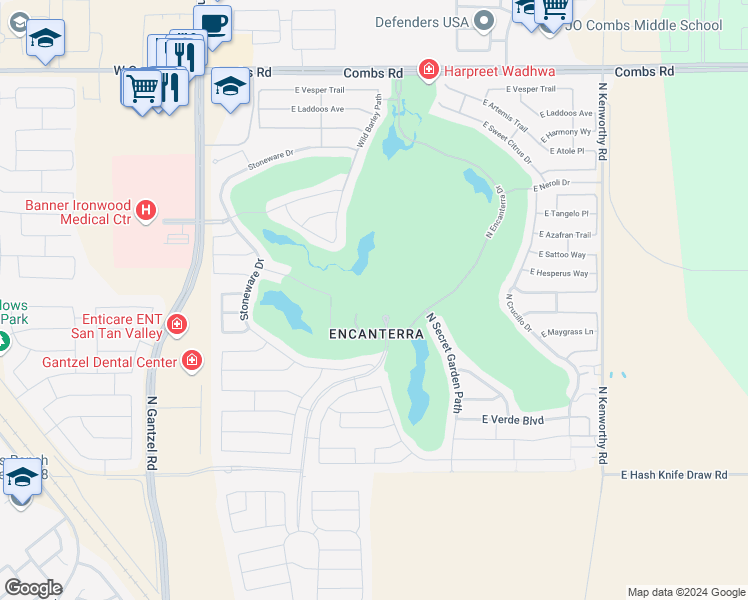 map of restaurants, bars, coffee shops, grocery stores, and more near 36460 North Encanterra Drive in San Tan Valley
