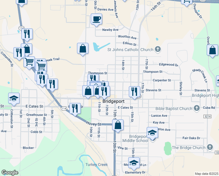 map of restaurants, bars, coffee shops, grocery stores, and more near 1207 Stevens Street in Bridgeport