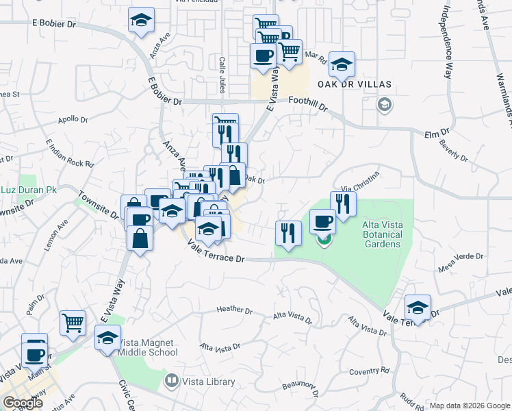 map of restaurants, bars, coffee shops, grocery stores, and more near 1021 Glenmere Road in Vista