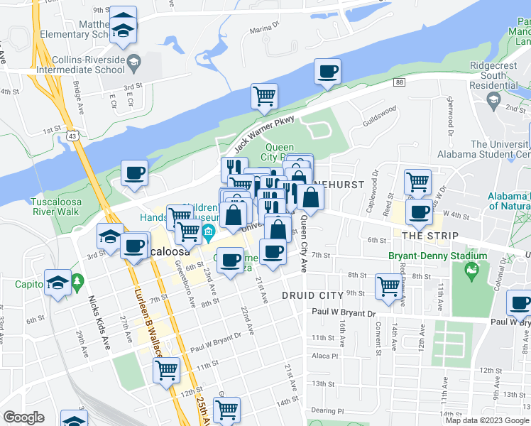 map of restaurants, bars, coffee shops, grocery stores, and more near 1922 University Boulevard in Tuscaloosa