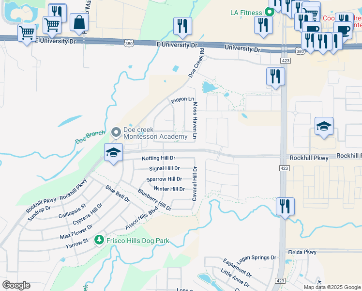 map of restaurants, bars, coffee shops, grocery stores, and more near 359 Timber Creek Lane in Little Elm