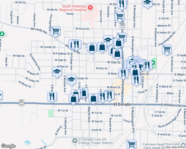 map of restaurants, bars, coffee shops, grocery stores, and more near 601 West Main Street in El Dorado