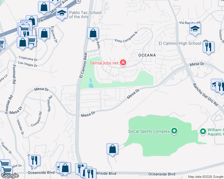 map of restaurants, bars, coffee shops, grocery stores, and more near 3661 Dearborn Street in Oceanside