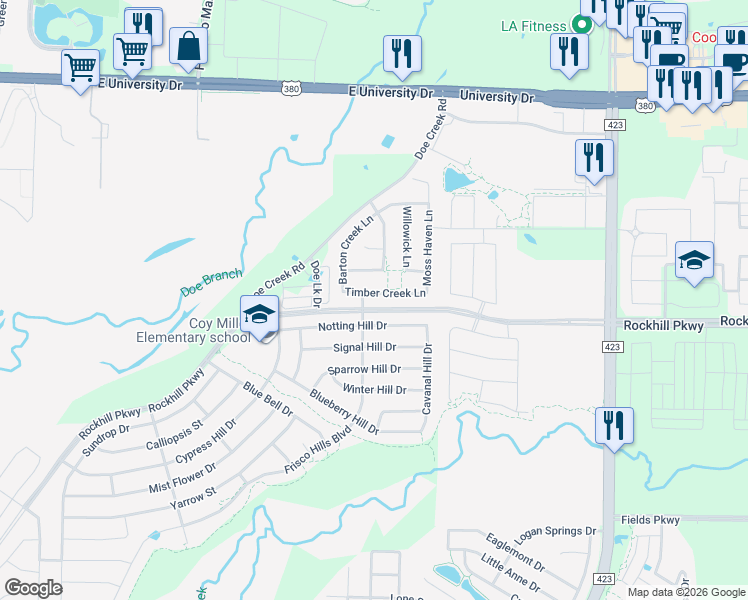 map of restaurants, bars, coffee shops, grocery stores, and more near 187 Timber Creek Lane in Little Elm