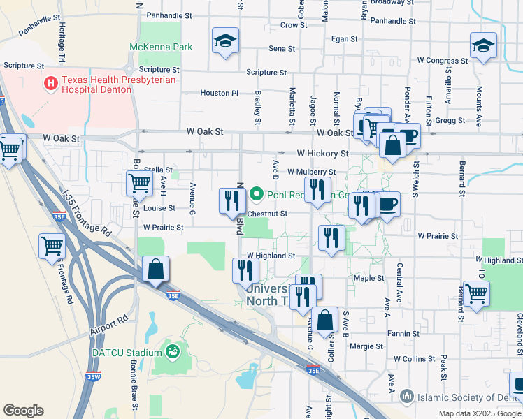 map of restaurants, bars, coffee shops, grocery stores, and more near 1920 Chestnut Street in Denton
