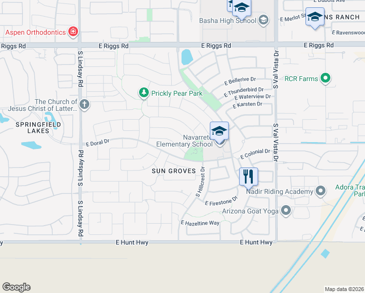 map of restaurants, bars, coffee shops, grocery stores, and more near 4598 East Indian Wells Drive in Chandler